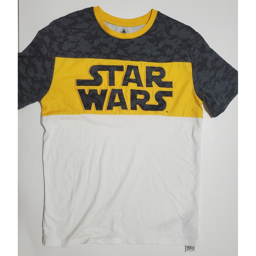 Disney Star Wars Men's Shirt – Size L, White/Yellow Color Block, Black Camo, Emb